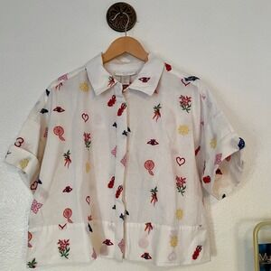 Caroline Constas White Embroidered Lobster Heart Sun Button Down Shirt Large